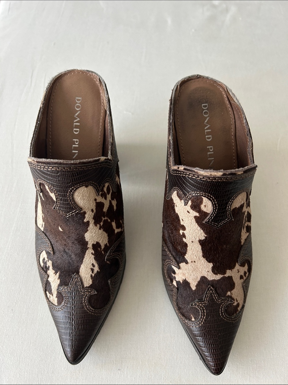 Donald J. Pliner Brown and Cream Cowhide Pointed Mule with Western Stitching